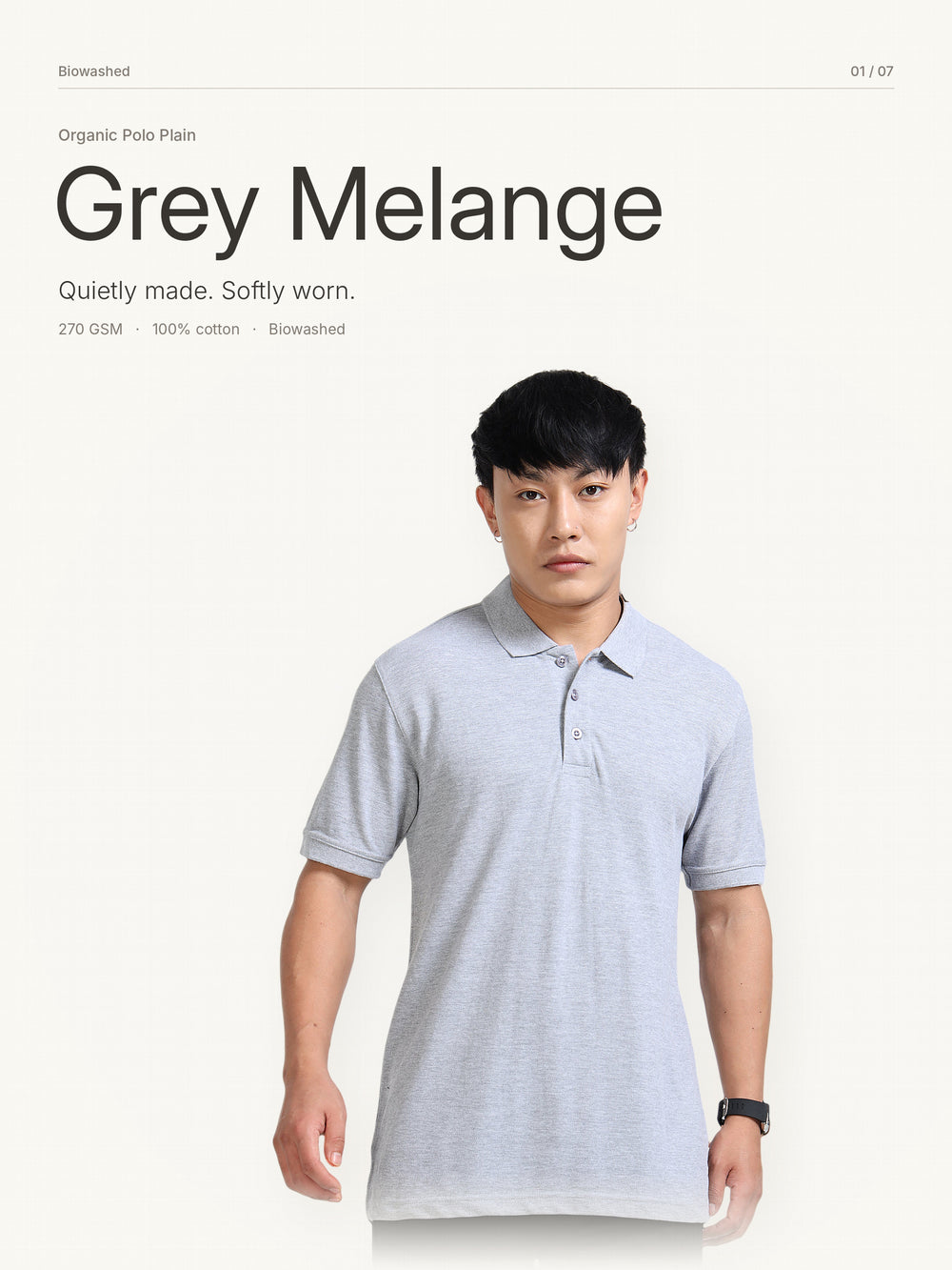 Biowashed Organic Polo Plain - Grey Melange – Hero