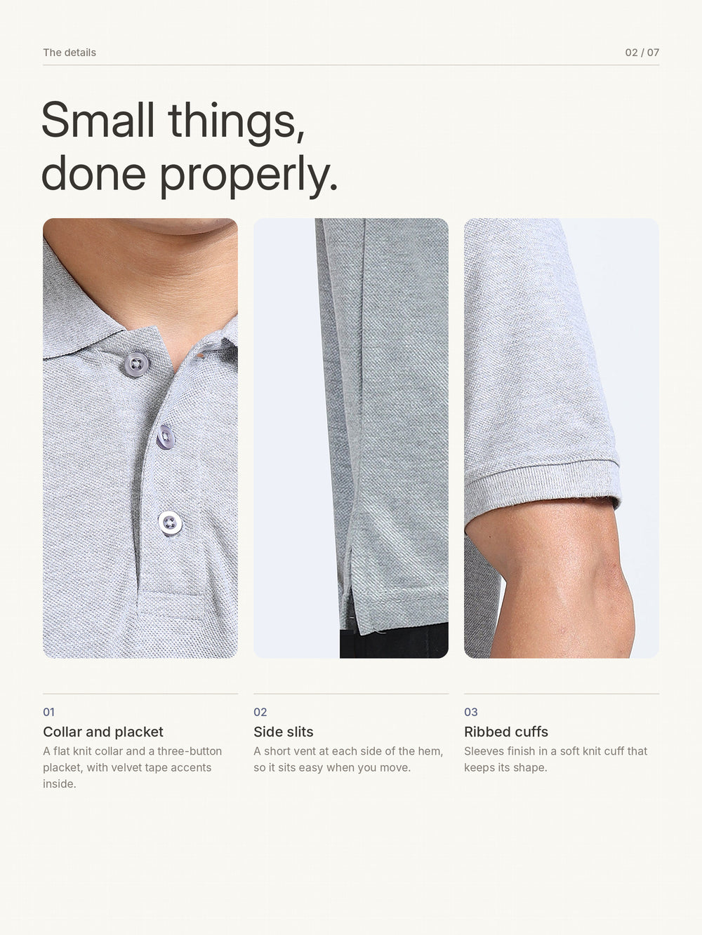 Biowashed Organic Polo Plain - Grey Melange – Details