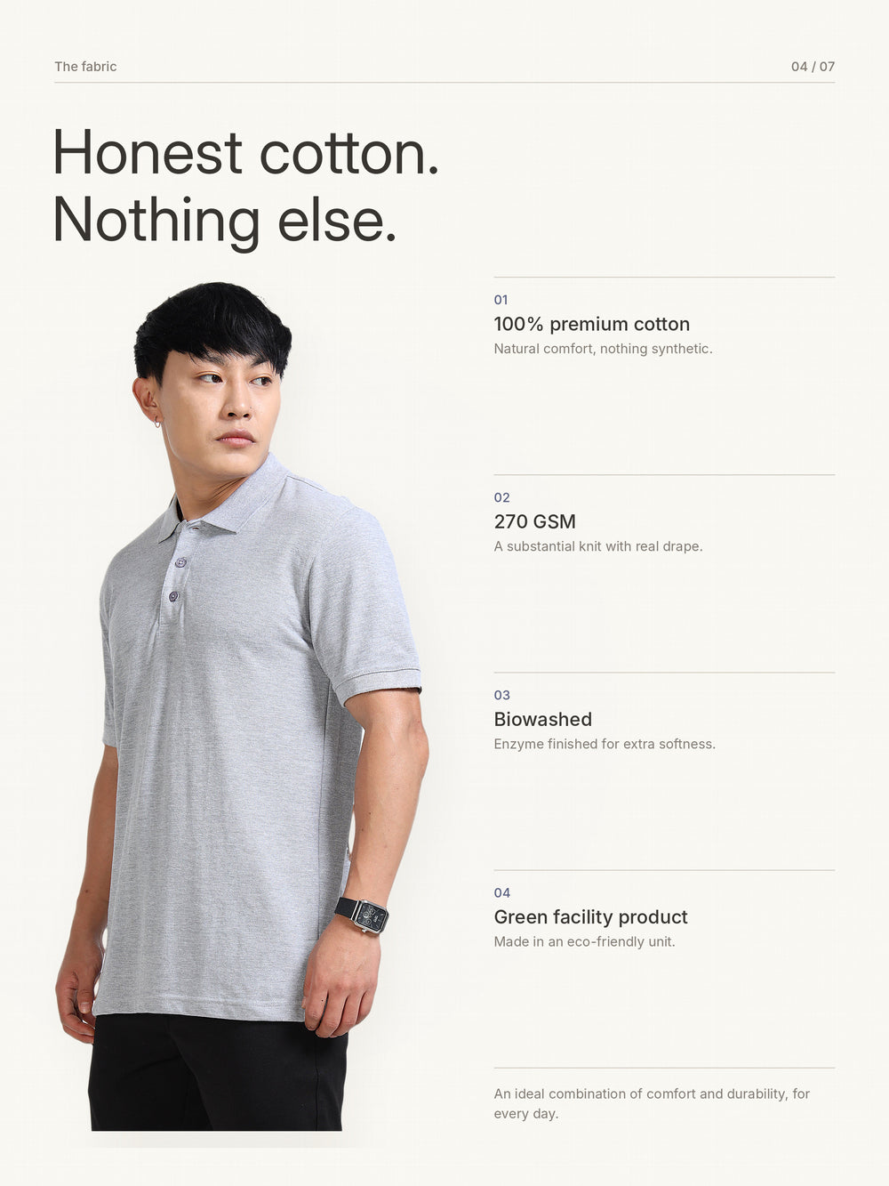 Biowashed Organic Polo Plain - Grey Melange – Fabric