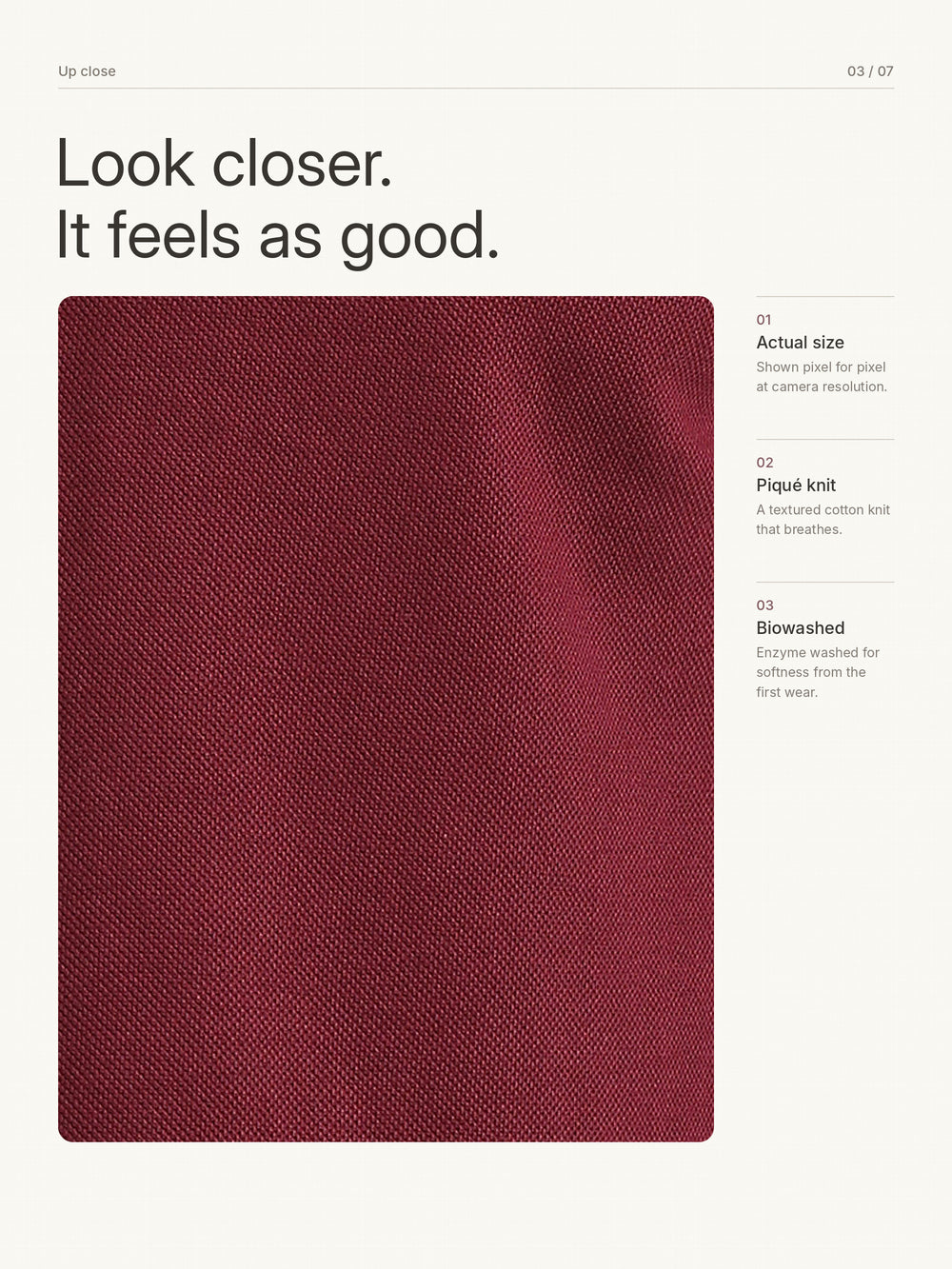 Biowashed Organic Polo Plain - Maroon – Close-up