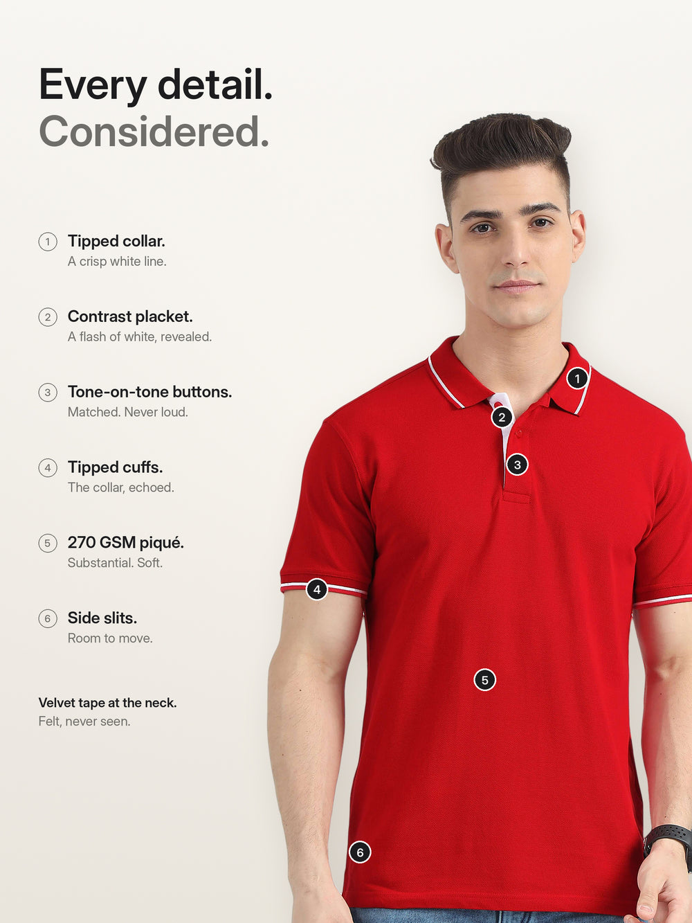 Biowashed Organic Polo - Red with White Tipping – Features