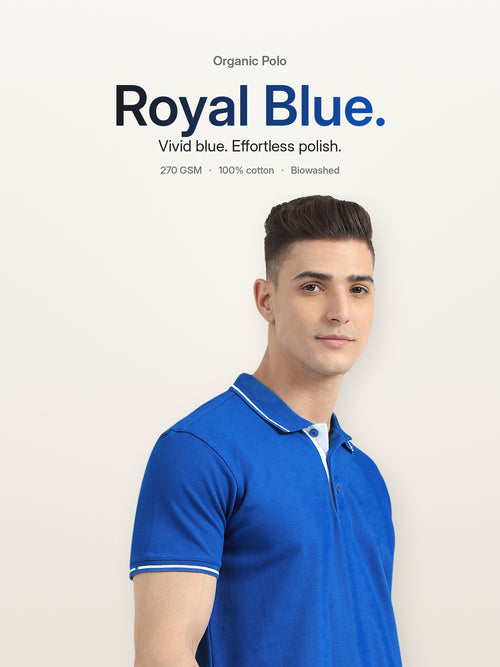 Biowashed Organic Polo - Royal Blue with White Tipping