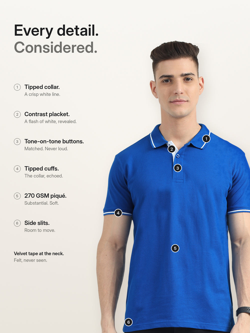Biowashed Organic Polo - Royal Blue with White Tipping – Features