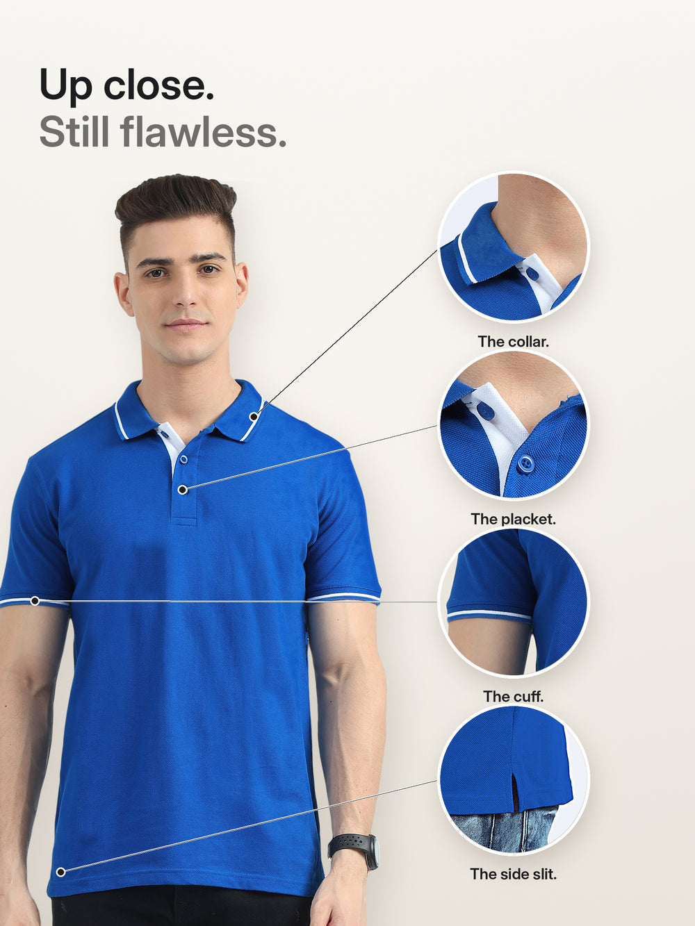 Biowashed Organic Polo - Royal Blue with White Tipping – Details