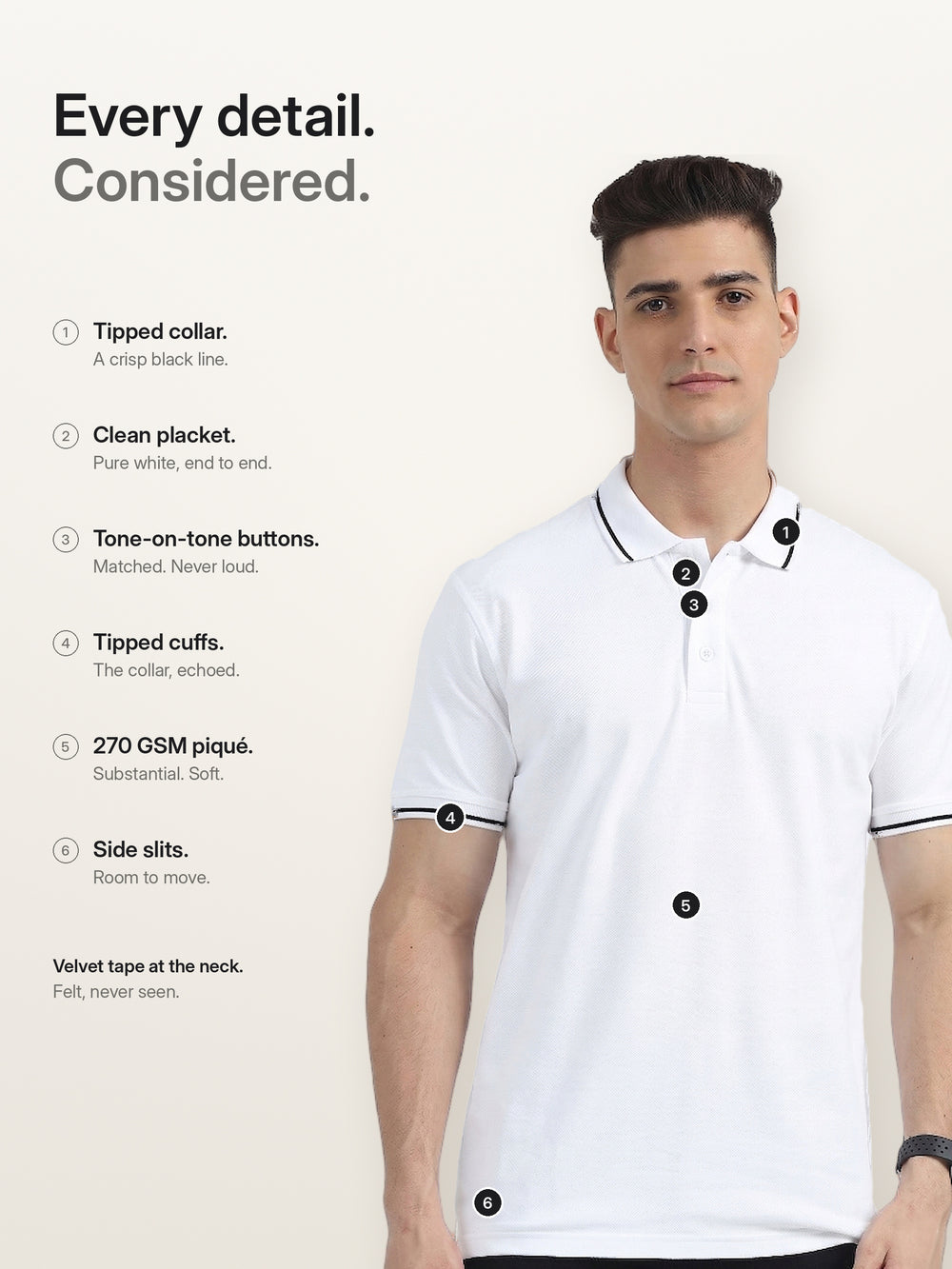 Biowashed Organic Polo - White with Black Tipping – Features