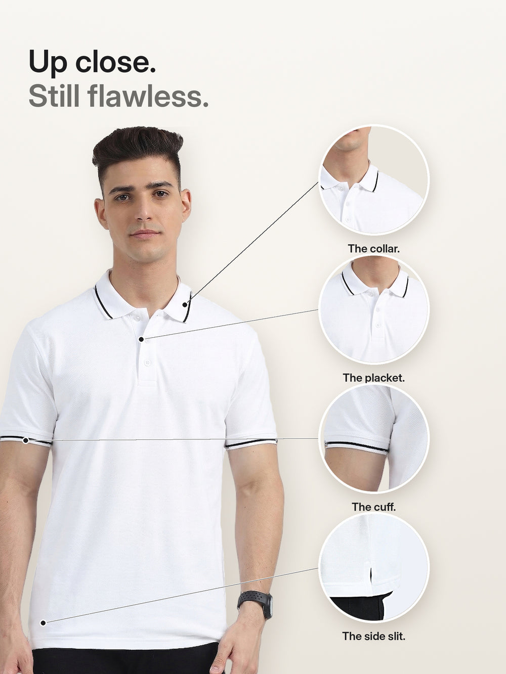Biowashed Organic Polo - White with Black Tipping – Details
