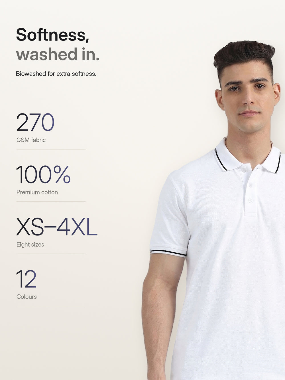 Biowashed Organic Polo - White with Black Tipping – Softness