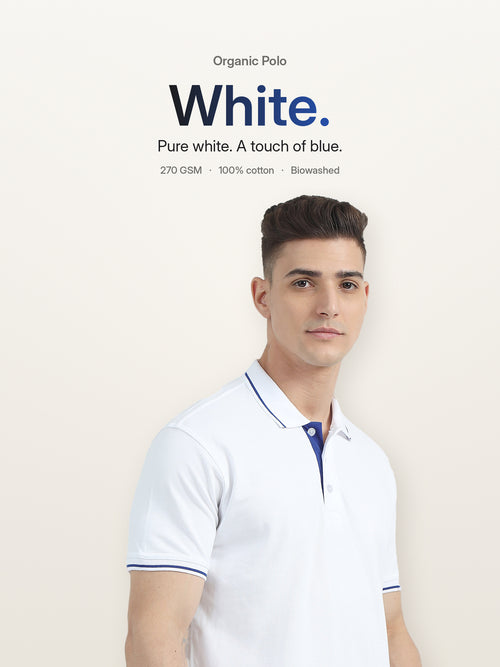 Biowashed Organic Polo - White with Blue Tipping