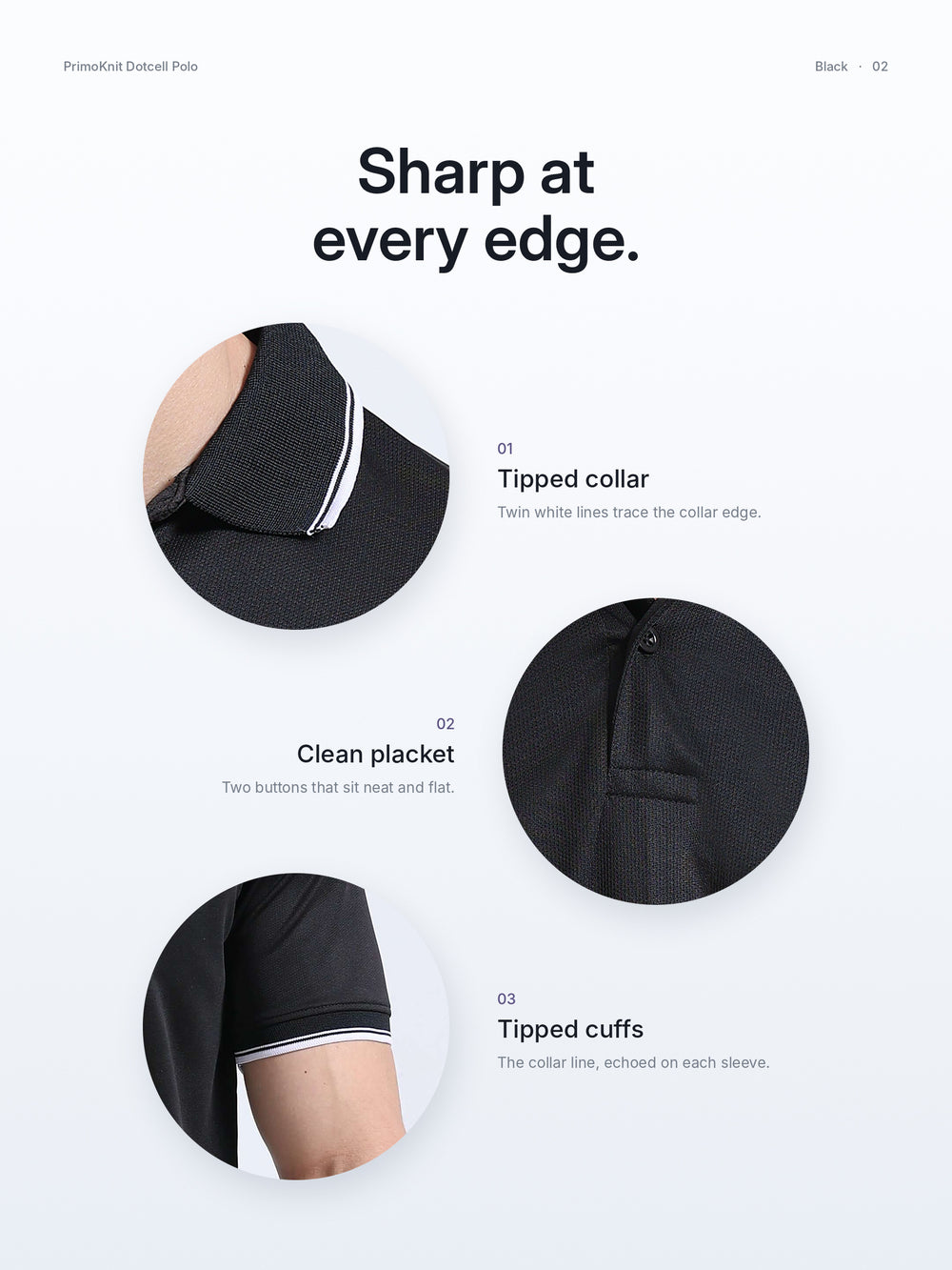 PrimoKnit Dotcell Polo - Black with White Tipping – Details
