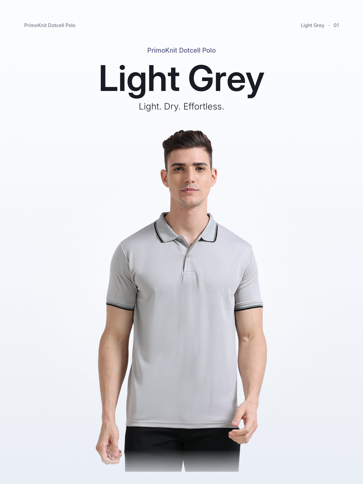PrimoKnit Dotcell Polo - Light Grey with Black Tipping – Hero