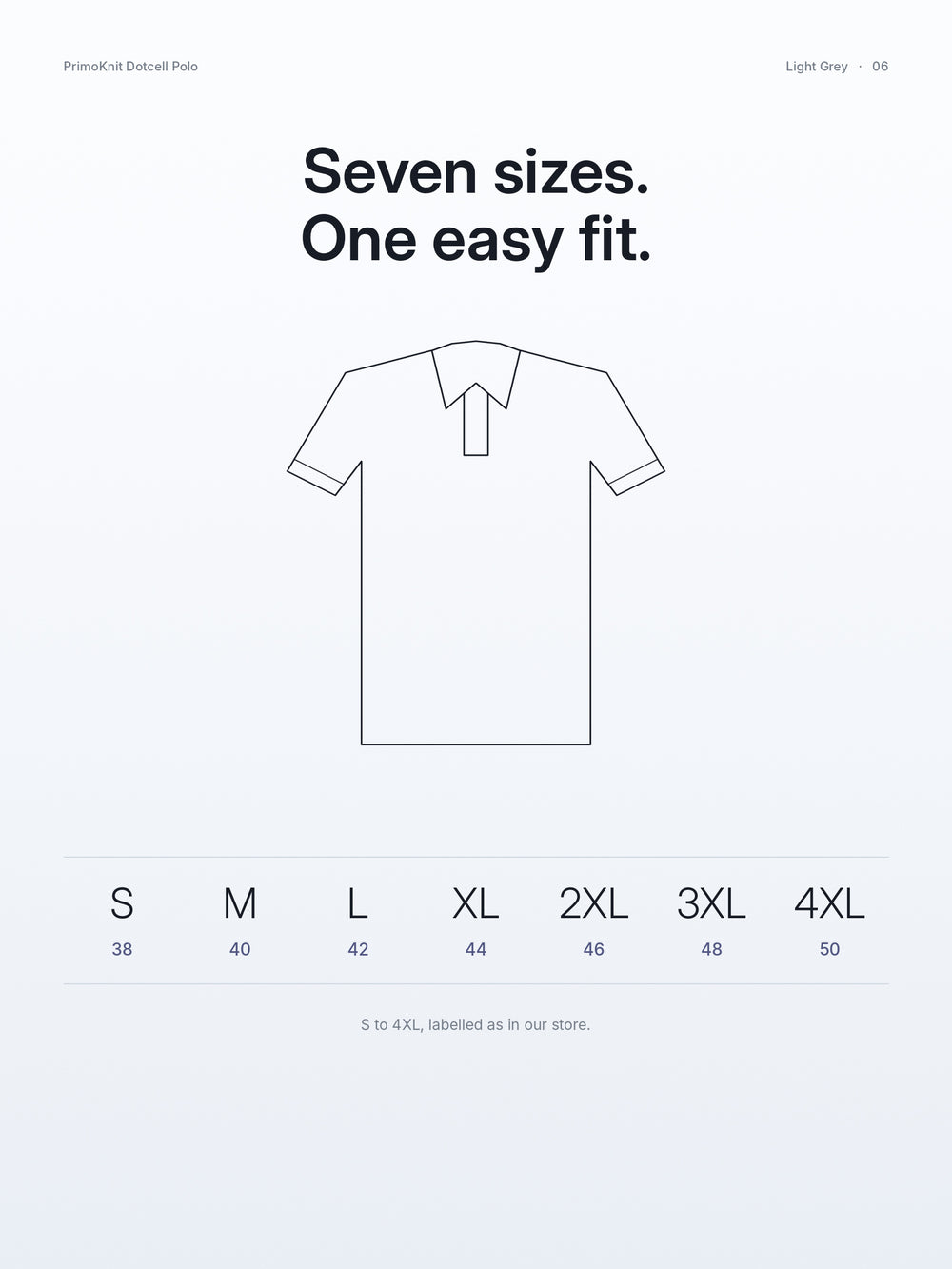 PrimoKnit Dotcell Polo - Light Grey with Black Tipping – Size guide