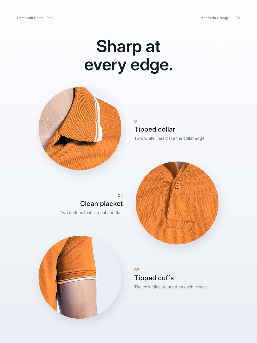 PrimoKnit Dotcell Polo - Mandarin Orange with White Tipping – Details
