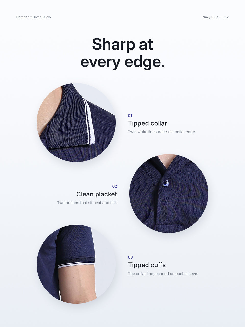 PrimoKnit Dotcell Polo - Navy Blue with White Tipping – Details