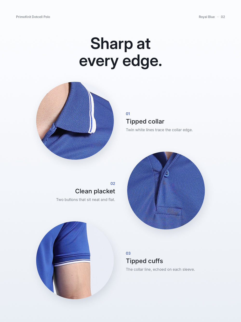 PrimoKnit Dotcell Polo - Royal Blue with White Tipping – Details