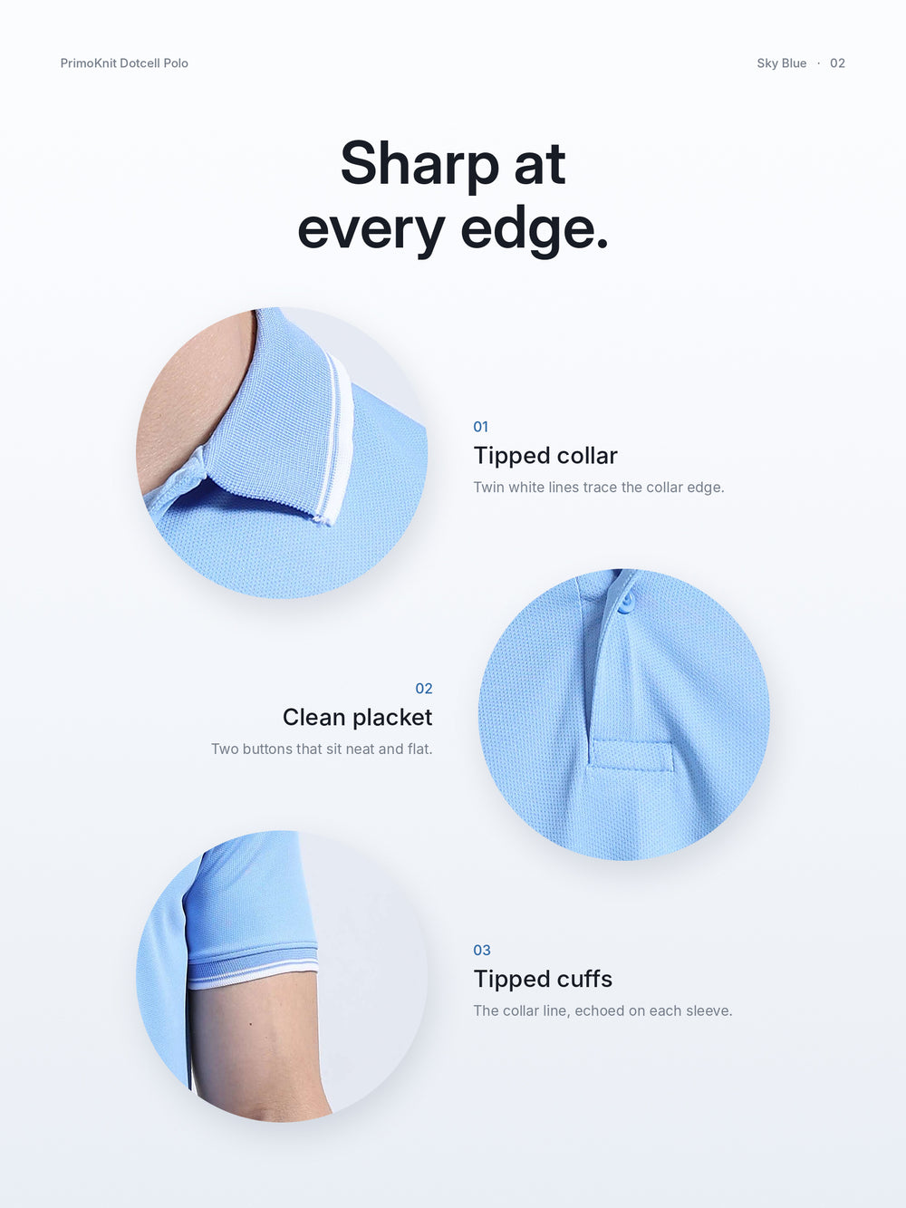PrimoKnit Dotcell Polo - Sky Blue with White Tipping – Details