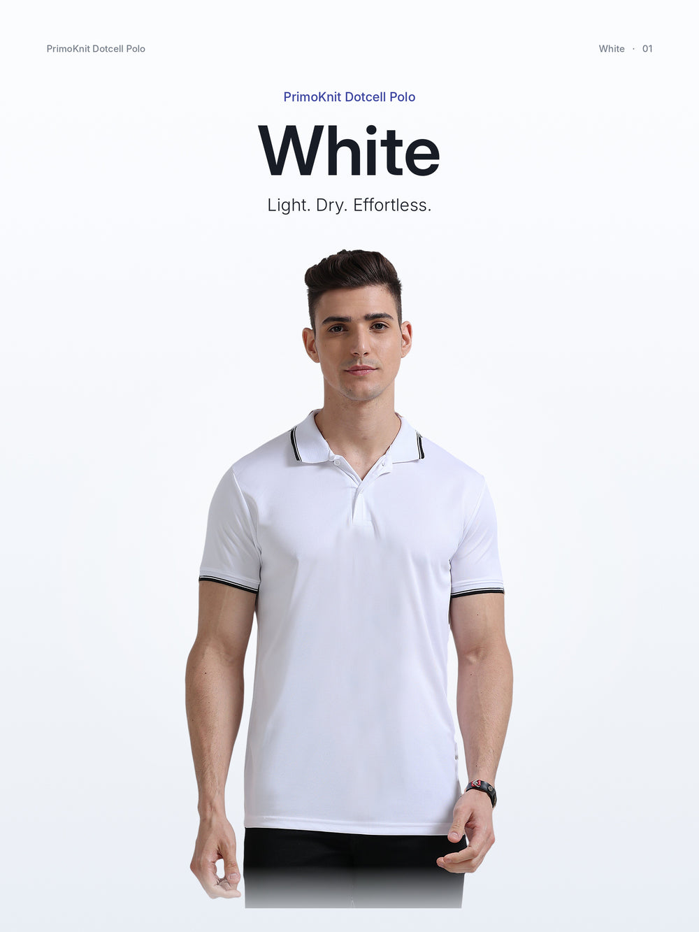 PrimoKnit Dotcell Polo - White with Black Tipping – Hero