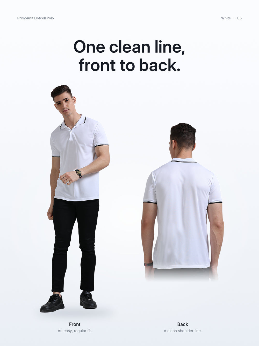 PrimoKnit Dotcell Polo - White with Black Tipping – Lifestyle