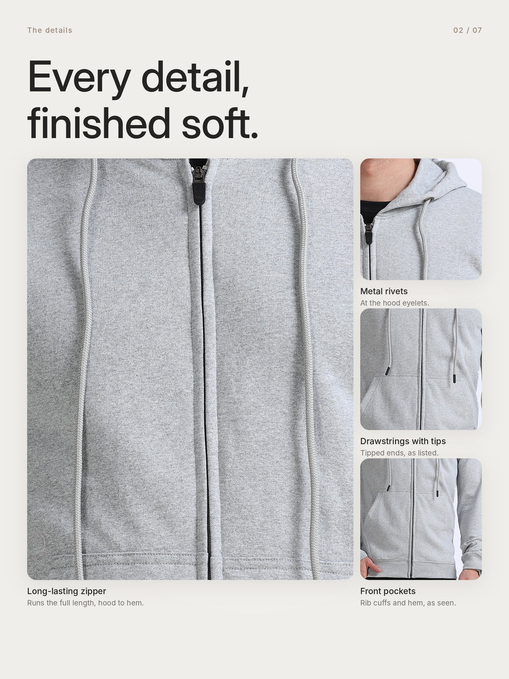 URBANHOOD Premium Hoodies with Zip - Grey Melange – Details